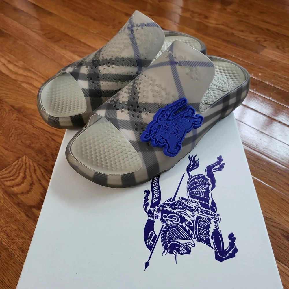 Burberry Gray Plaid Slide Sandals